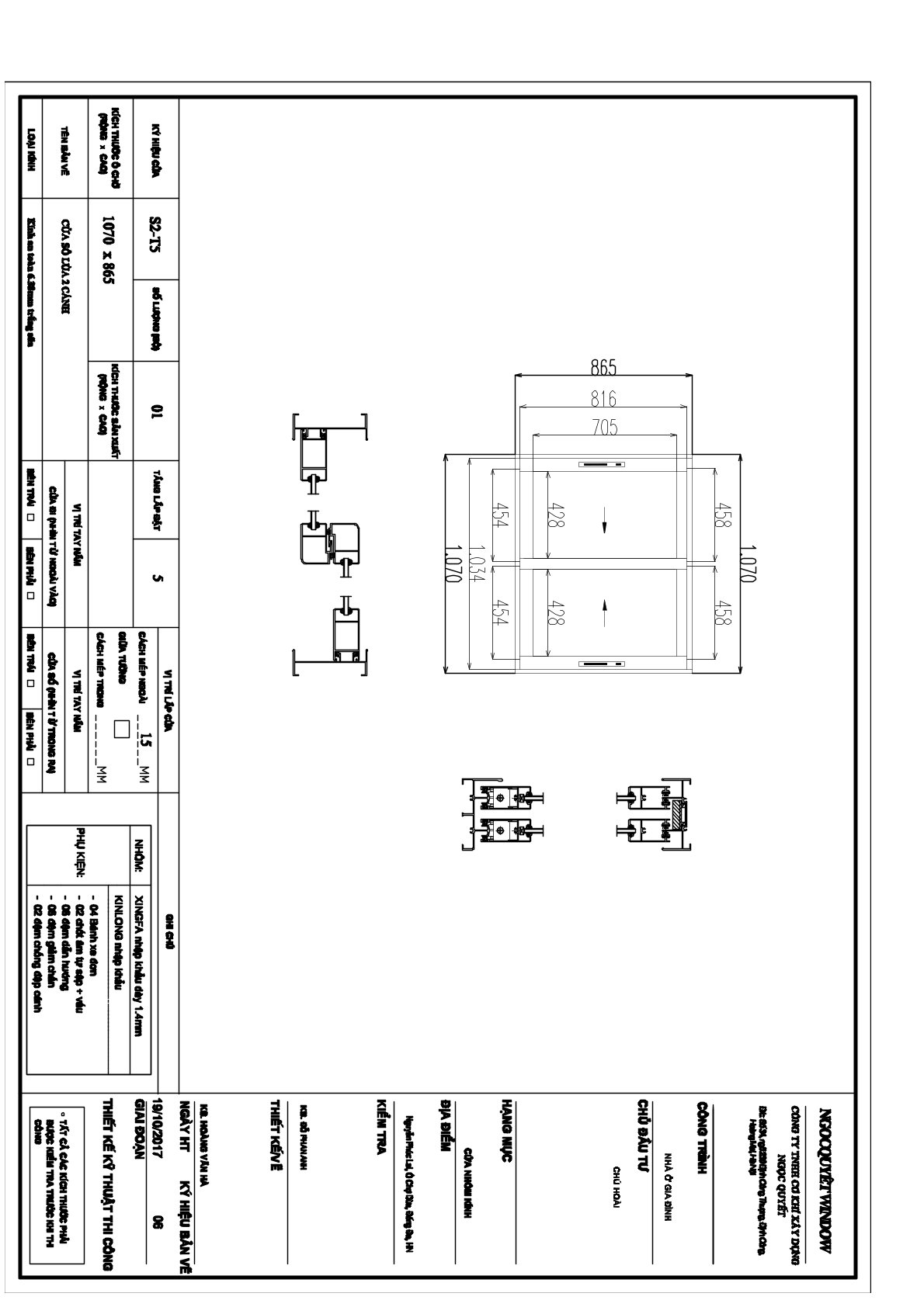 Bản vẽ kỹ thuật cửa sổ nhôm kính trượt hai cánh kích thước 1070 x 865 mm